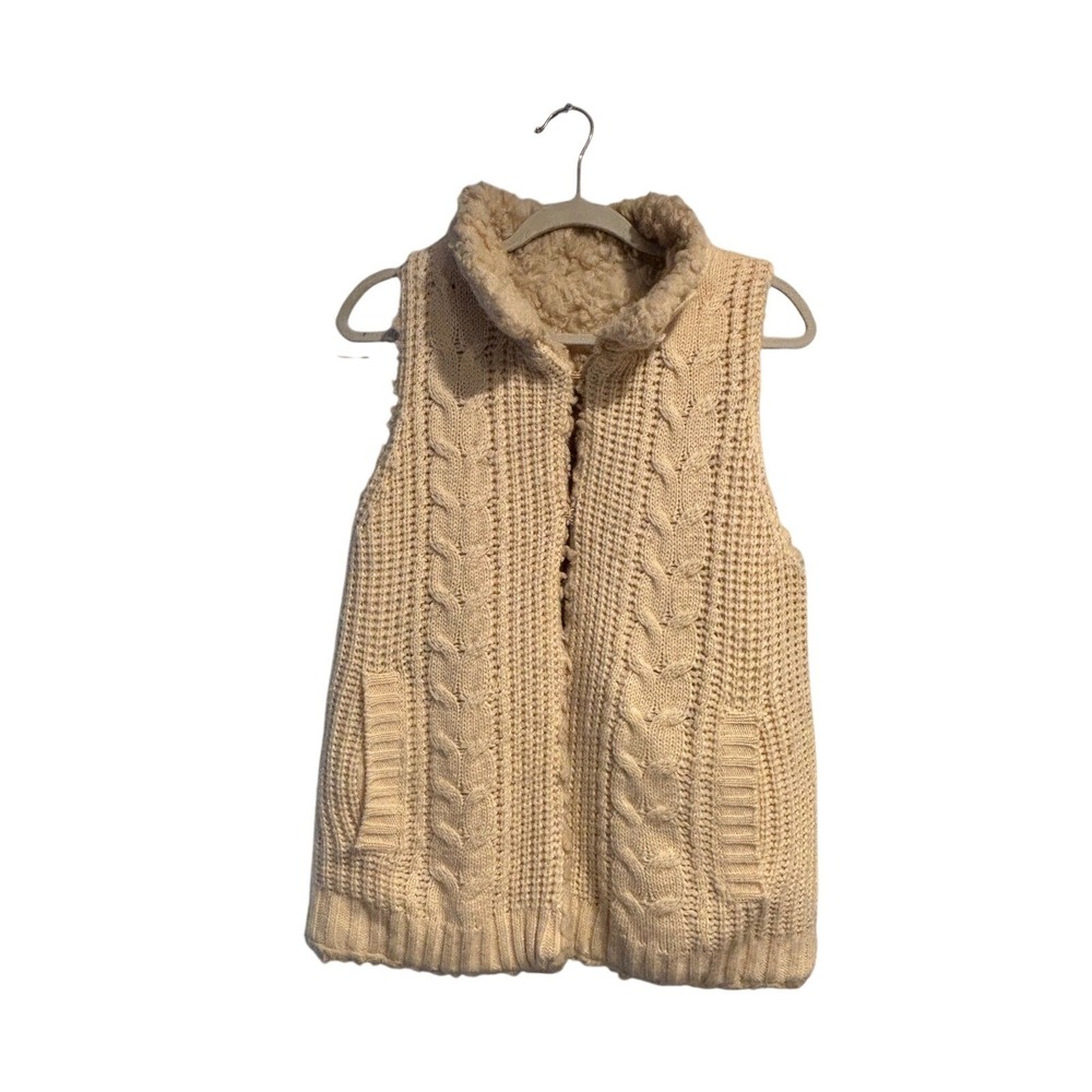Aqua Reversible Faux Fur Cable Knit Sweater Vest Ivory Cream XS Funnel Neck